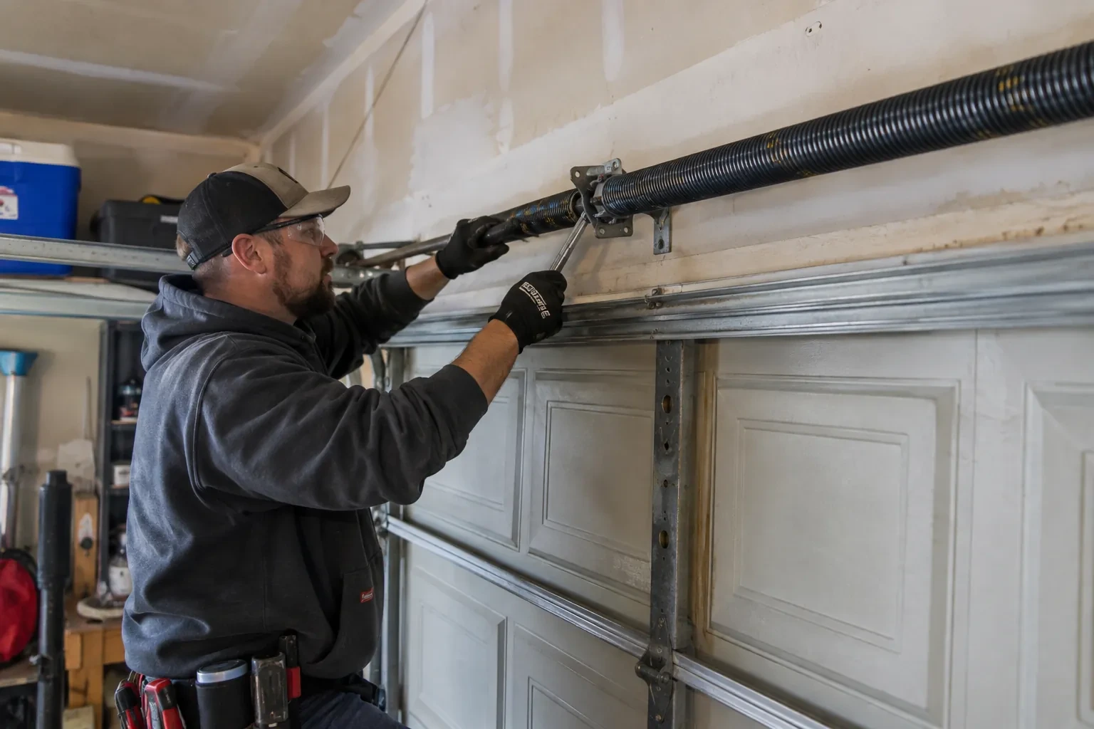Technician in a black cap holding a wrench to a coiled black spring above a paneled door, with a blue cooler behind.