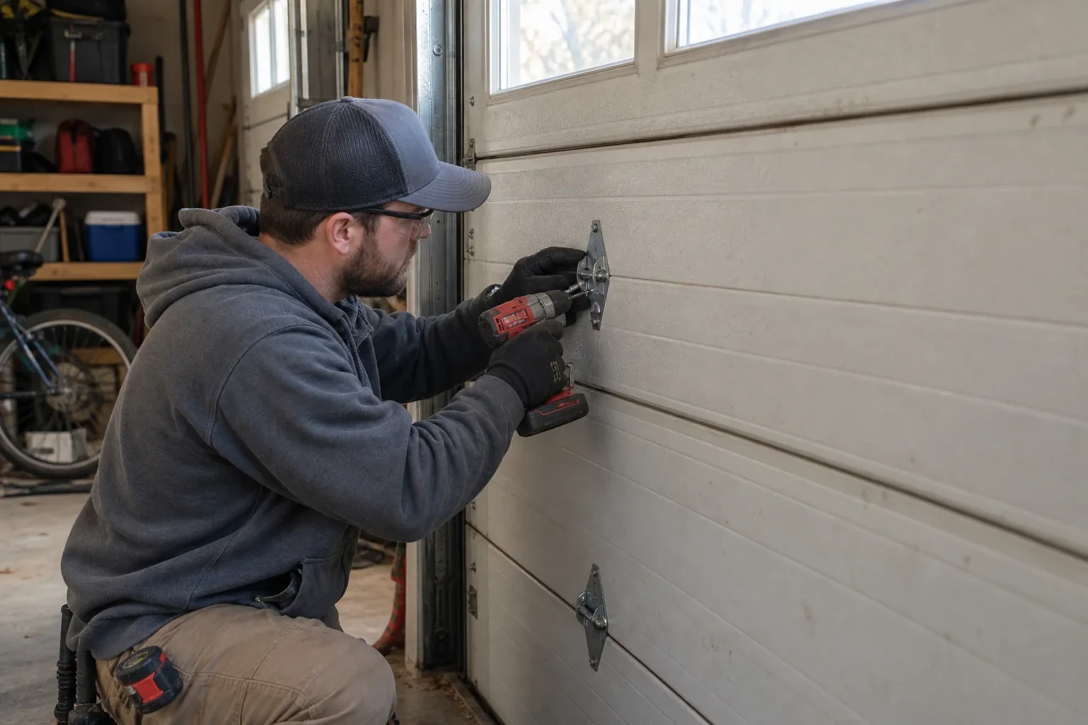 Technician kneeling in a blue cap, fastening a metal hinge plate to a gray ribbed door panel with a red drill.