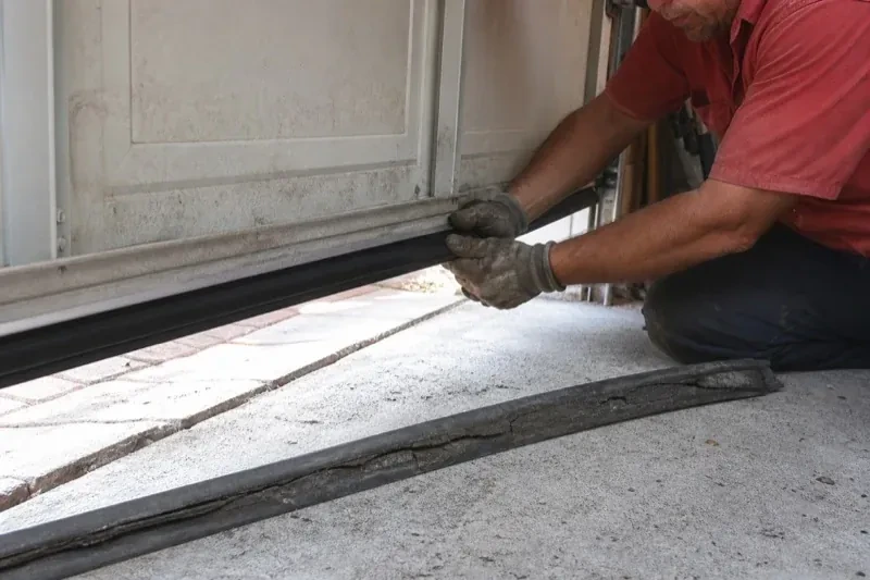 Person fitting a black strip along the bottom edge of a partly raised garage door, with a cracked strip lying on the floor. — Garage Door Bottom Seal Replacement, Toronto