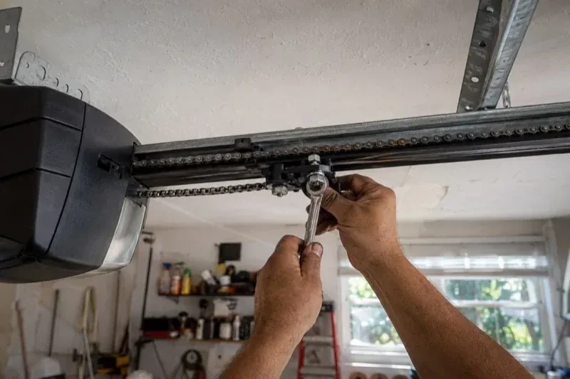 Hands holding a wrench against an opener trolley beneath a chain rail — Chain-Drive Opener Repair, Toronto