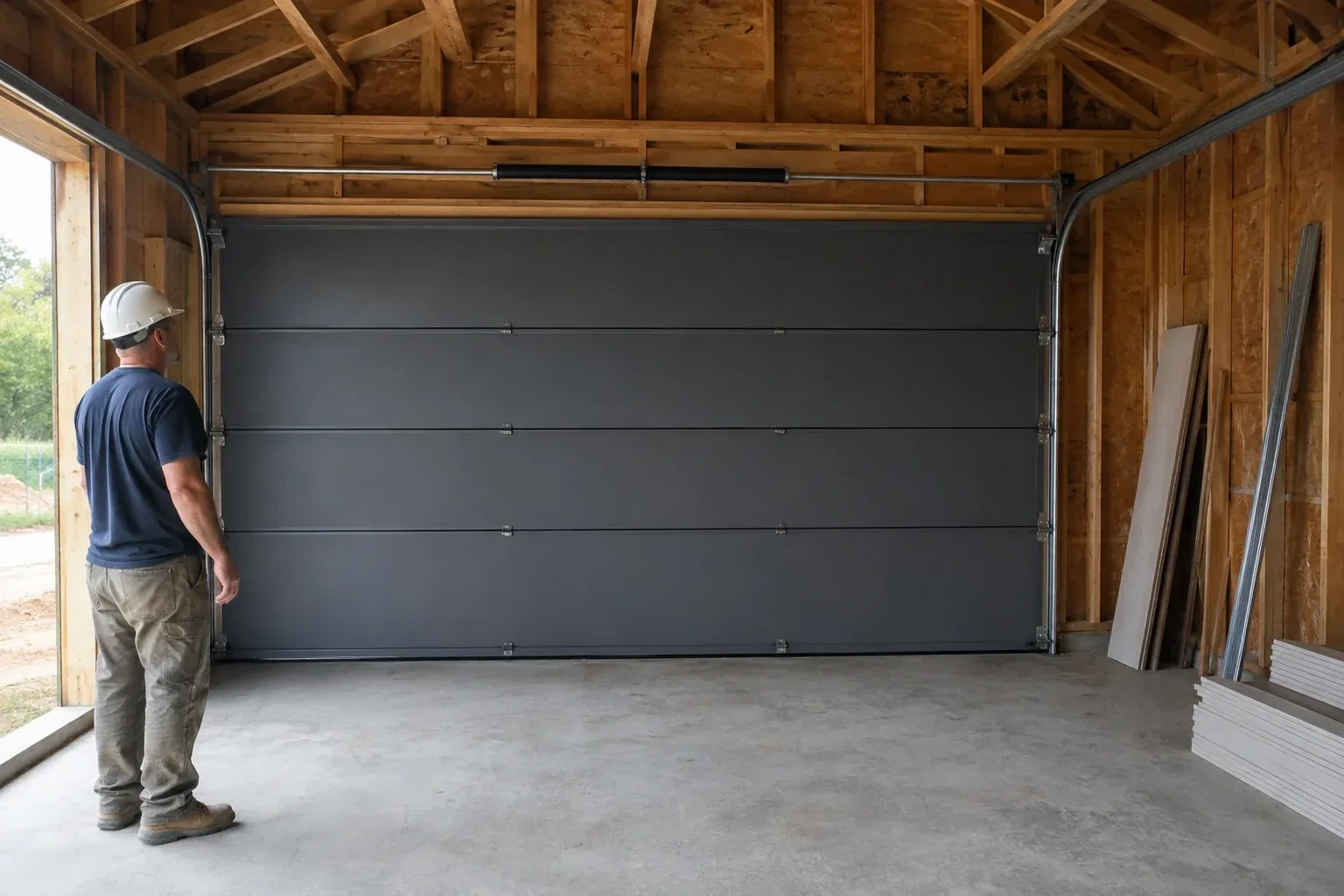A person wearing a hard hat stands beside a dark sectional door in an unfinished timber-framed garage. — New-Construction Garage Door Installation, Toronto