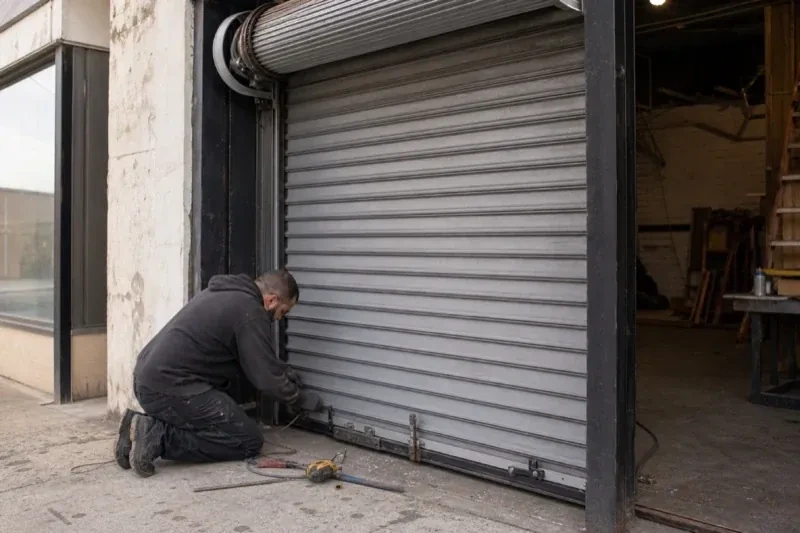 Person kneeling beside the bottom of a metal rolling door with tools on the ground — Commercial Rolling Door Repair, Toronto