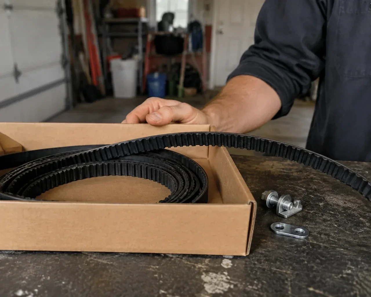 A toothed black drive belt lies in an open cardboard box beside small metal fittings on a garage workbench. — Belt-Drive Opener Repair, Toronto