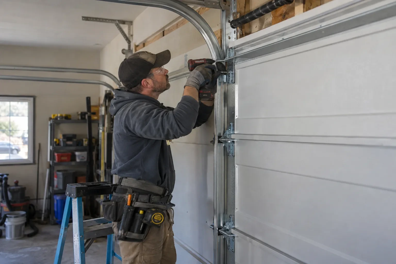 Technician using a red drill at the curved upper track bracket beside a coiled spring above a white garage door.
